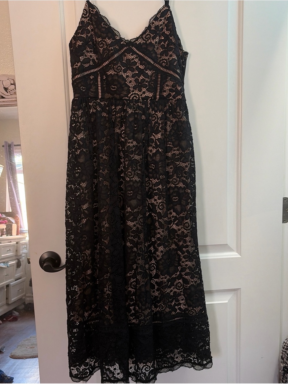 NSR Black Lace Midi Dress with Nude Underlay